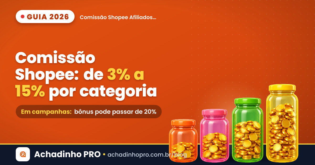 Capa: comissão Shopee Afiliados por categoria em 2026, faixa de 3% a 15% e saque mínimo de R$30
