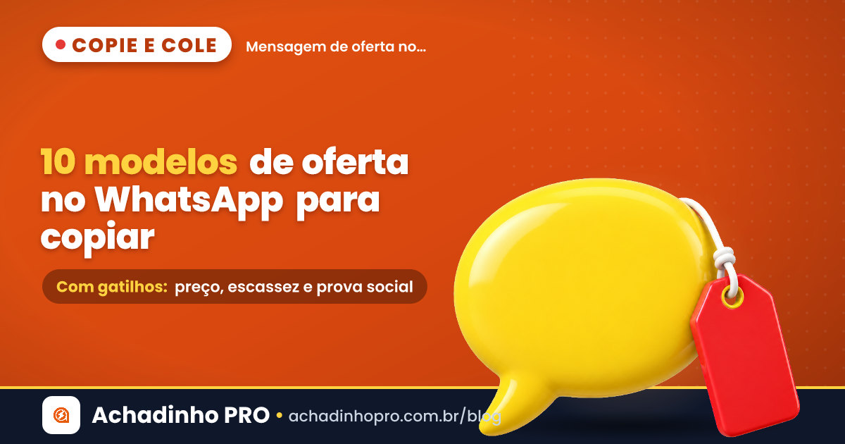 Capa com 10 modelos de mensagem de oferta no WhatsApp: balão de fala amarelo com etiqueta de preço vermelha, em 3D